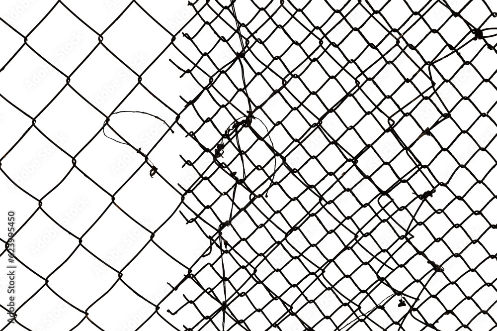 The texture of the metal mesh on a white background. Torn steel, metal mesh with holes The texture of the metal mesh on a white background. Torn steel, metal mesh with holes