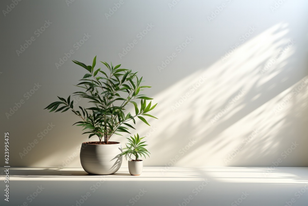 Potted indoor plant on white table. Decorative tree, Generative AI