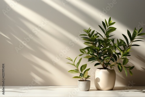 Potted indoor plant on white table. Decorative tree, Generative AI