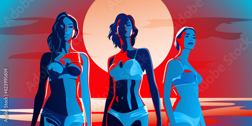 Young beautiful fashion women tanned and dressed in swimsuits walk along the beach over landscape with sea and sun. Abstract female portraits, contemporary design, vector illustration