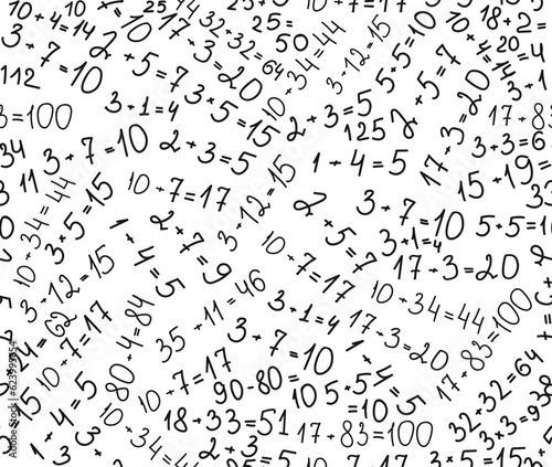 Educational vecor seamless pattern with handwritten simple mathematical equations and calculations. You can use any color of background