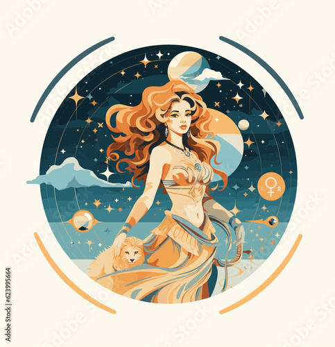 Retrograde planet Venus in Leo. Beautiful Venus girl with a lion on the background of the planets. Astrology, mythologyю. Vector