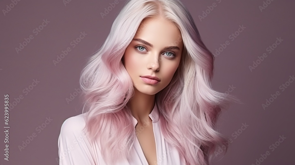 Beautiful young lady with extremely golden hair. A fashionable hairdo completed in a beauty salon. Fashion, cosmetics, and cosmetics