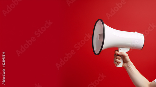 Hand holding megaphone on red background. Making announcement. empty copy space on the side. Generative AI.