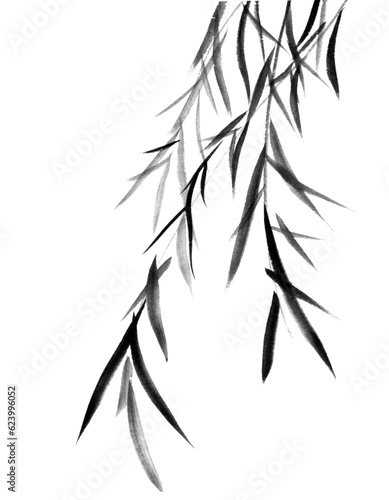 水墨画技法で描いた柳の木