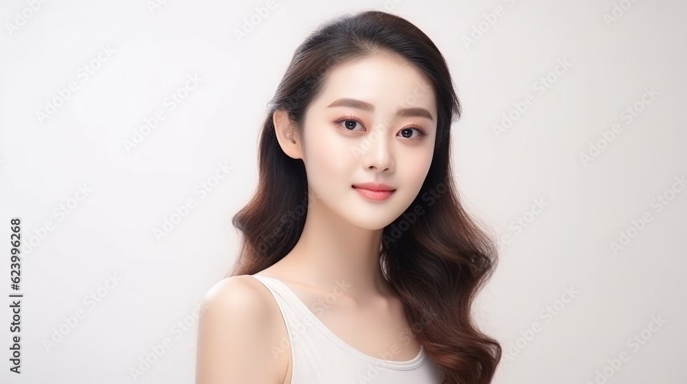 Beautiful young asian woman with clean fresh skin on white background, Face care, Facial treatment, Cosmetology, beauty and spa with generative ai