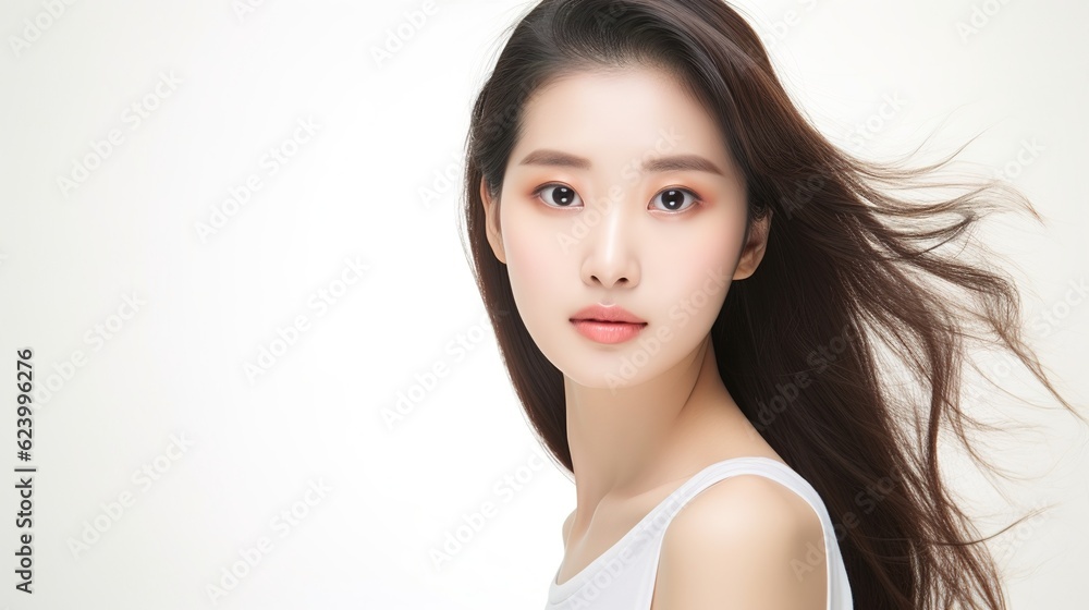 Beautiful young asian woman with clean fresh skin on white background, Face care, Facial treatment, Cosmetology, beauty and spa with generative ai Beautiful young asian woman with clean fresh skin on white background, Face care, Facial treatment, Cosmetology, beauty and spa with generative ai
