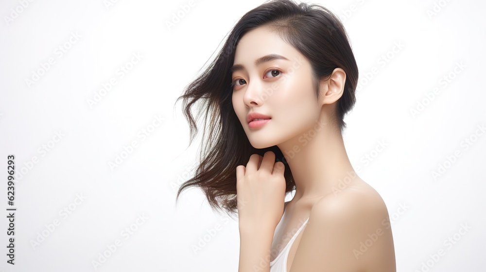 Beautiful young asian woman with clean fresh skin on white background, Face care, Facial treatment, Cosmetology, beauty and spa, Asian woman portrait with generative ai Beautiful young asian woman with clean fresh skin on white background, Face care, Facial treatment, Cosmetology, beauty and spa, Asian woman portrait with generative ai