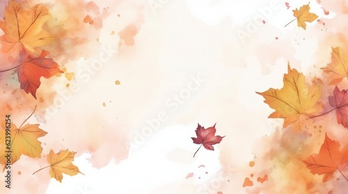 Illustration watercolor art autumn background with maple leaves, Generative AI