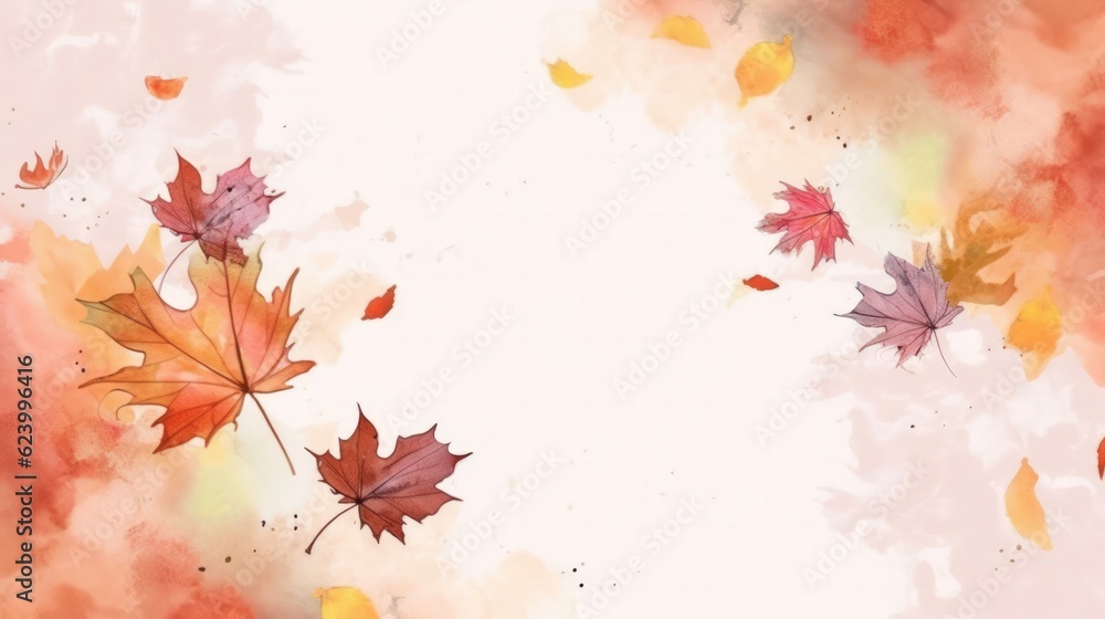 Illustration watercolor art autumn background with maple leaves, Generative AI