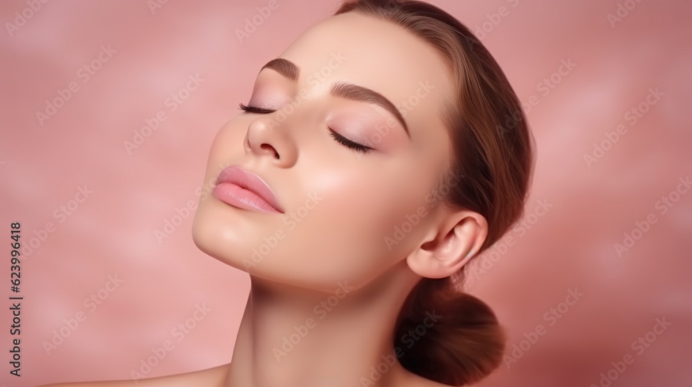 Beautiful woman with flawless skin. A sweet and expressive girl pointing to the side. Introducing your product. Facial expressions that are expressive. Cosmetology , beauty and spa . Face care Beautiful woman with flawless skin. A sweet and expressive girl pointing to the side. Introducing your product. Facial expressions that are expressive. Cosmetology , beauty and spa . Face care