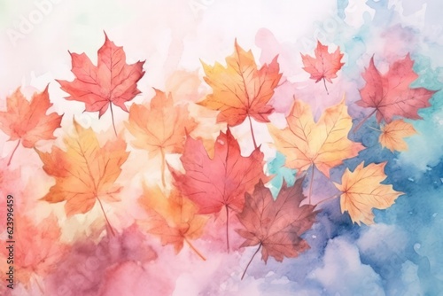 Illustration watercolor art autumn background with maple leaves  Generative AI