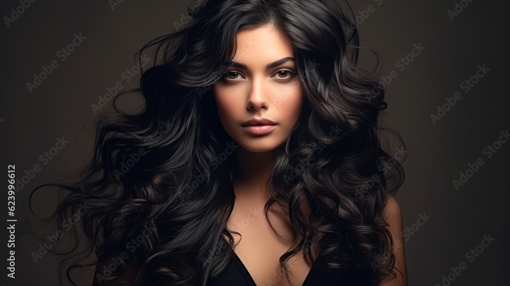 Beautiful brunette model girl with beautiful wavy hair who laughs. Wavy curls on a smiling woman's hairstyle