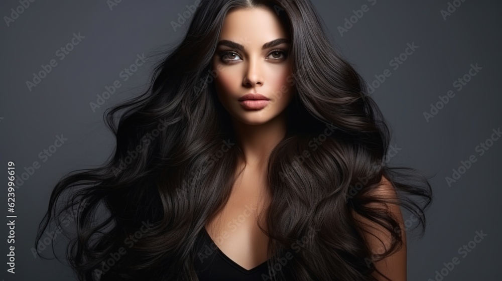 Beautiful brunette model girl with beautiful wavy hair who laughs. Wavy curls on a smiling woman's hairstyle Beautiful brunette model girl with beautiful wavy hair who laughs. Wavy curls on a smiling woman's hairstyle