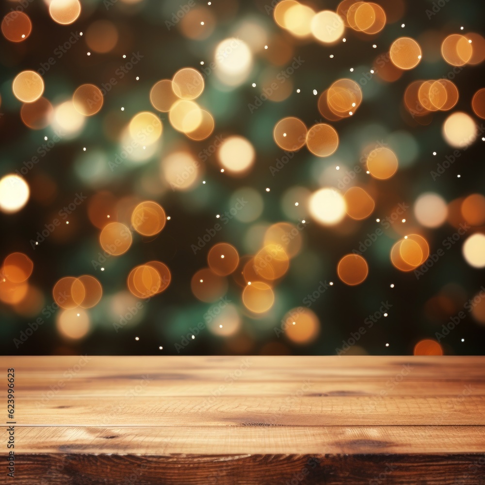 Empty wood table top and blur background of christmas tree, Generative AI Empty wood table top and blur background of christmas tree, Generative AI