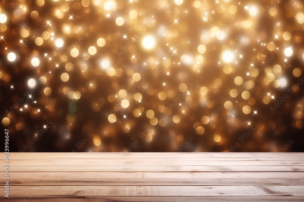 Empty wood table top and blur background of christmas tree, Generative AI Empty wood table top and blur background of christmas tree, Generative AI