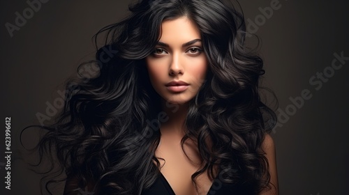 Beautiful brunette model girl with beautiful wavy hair who laughs. Wavy curls on a smiling woman's hairstyle