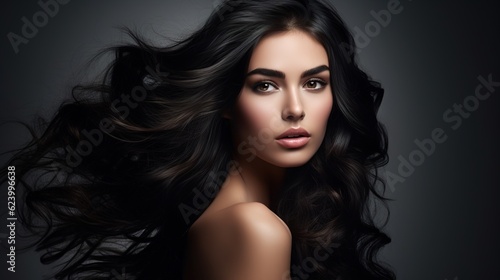 Beautiful brunette model girl with beautiful wavy hair who laughs. Wavy curls on a smiling woman's hairstyle