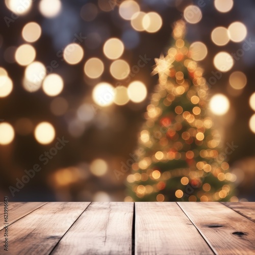 Empty wood table top and blur background of christmas tree  Generative AI