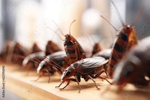 A lot of cockroaches are sitting on a white wooden shelf. The German cockroach. Cockroach. Generative Ai
