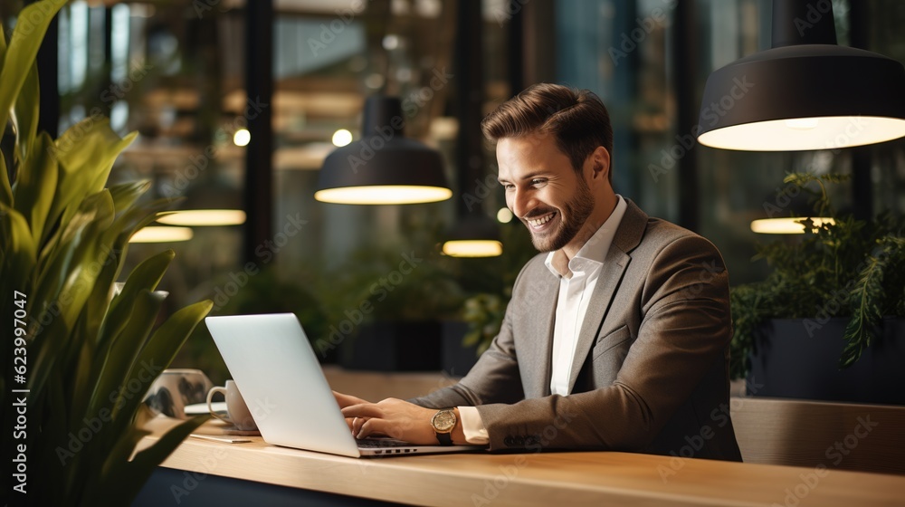 Business man typing on a laptop at his desk in an office happy about writing a marketing growth strategy. Innovation, mission and vision by an employee working on a company  with generative ai