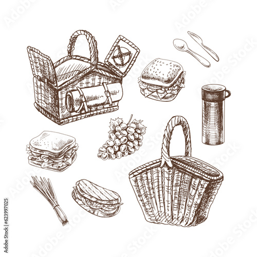 A set of hand-drawn sketches of picnic elements. For the design of the menu of restaurants and cafes, picnic food. Doodle vintage illustration. Engraved image.