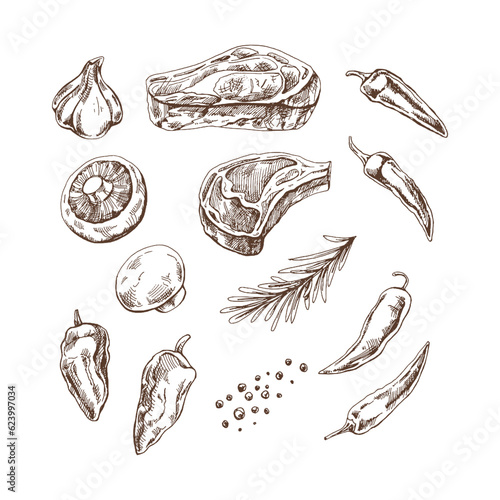 A set of hand-drawn sketches of barbecue elements Fototapeta
