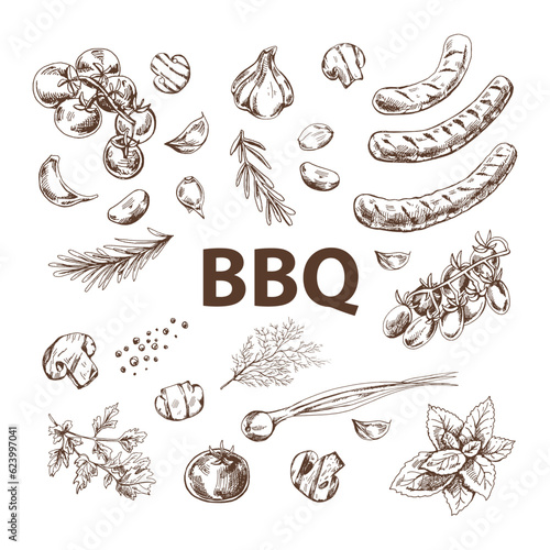 A set of hand-drawn sketches of barbecue elements. For the design of the menu of restaurants and cafes, grilled food. Doodle vintage illustration. Engraved image.