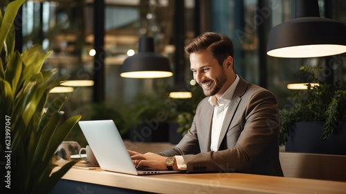 Business man typing on a laptop at his desk in an office happy about writing a marketing growth strategy. Innovation, mission and vision by an employee working on a company with generative ai