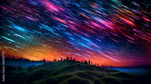 Raining colorful neon light comet meteor phenomeno reminiscent night sky full of stars 