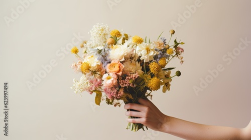 A close-up of a bride's hand holding a delicate bouquet of wildflowers, featuring a mix of vibrant blooms and natural foliage, against a clean and minimalistic background. Generative AI. 