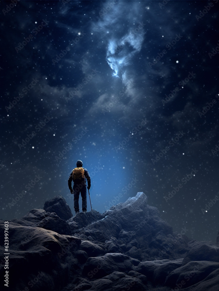 Obraz premium Mountaineer on the top of a snowy mountain at night, looking up at the stars and sky. Hopeful and inspirational.