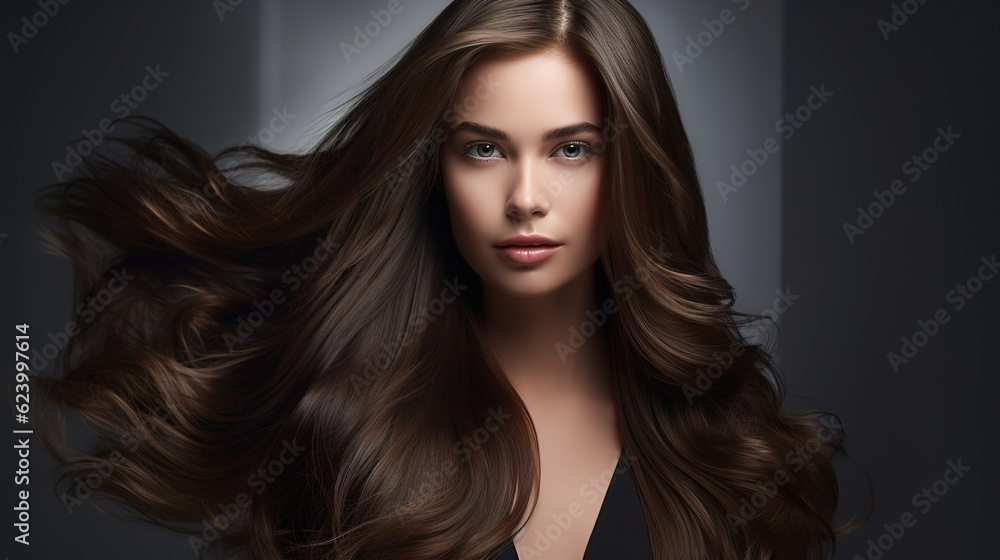 Hair salon. Beauty Fashion Model Woman Healthy Brown Hair looking at camera. Hairdresser,hairstyle concept with generative ai Hair salon. Beauty Fashion Model Woman Healthy Brown Hair looking at camera. Hairdresser,hairstyle concept with generative ai