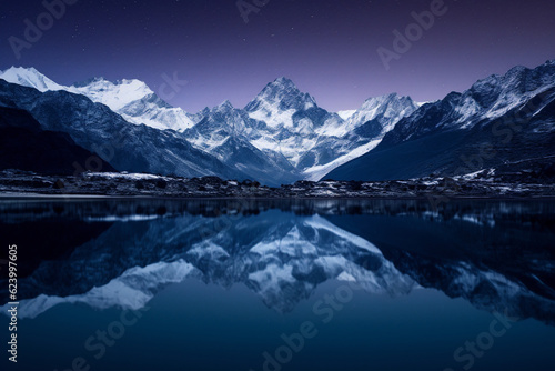 A snowy mountain range is reflected on a lake at night with the stars visible in the sky