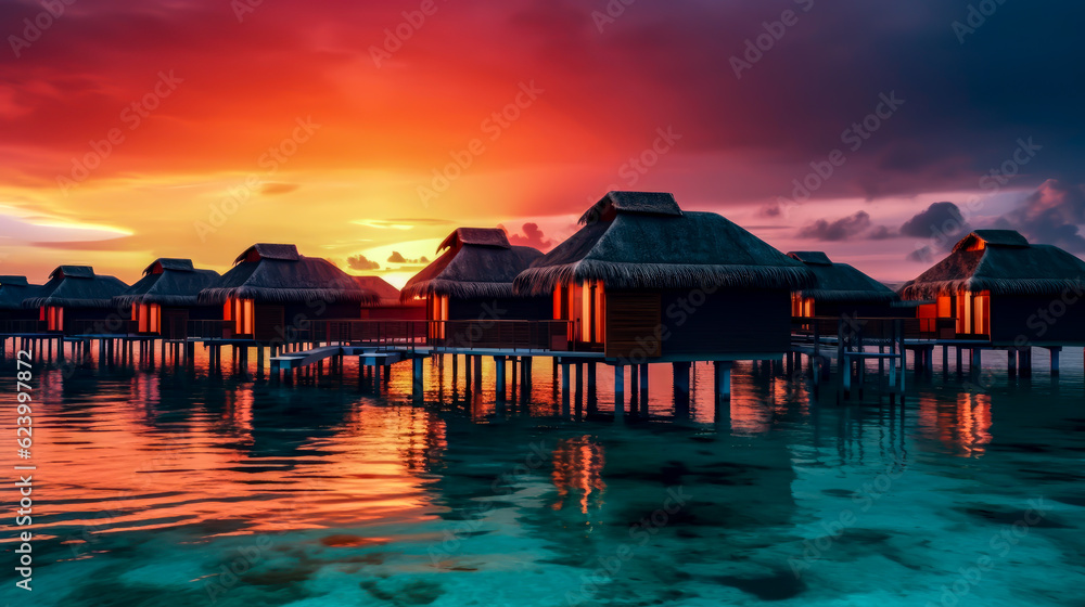 huts in the island at sunset, vacation, relax