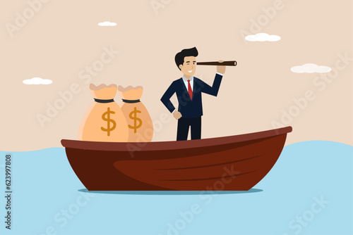 Illustration of businessman getting on a boat and looking ahead with binoculars to find satisfactory results.