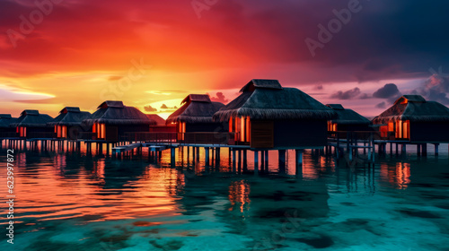 huts in the island at sunset, vacation, relax