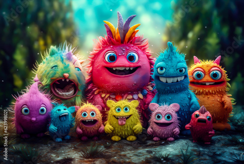 several monsters of various colors posing for a photo, cute monsters, meme, funny