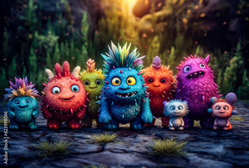 several monsters of various colors posing for a photo, cute monsters, meme, funny