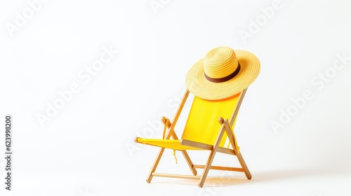 Summer concept theme. Yellow deckchair canvas and a straw hat isolated on white background. Beach vacations and summer getaways.