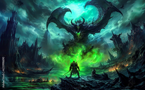 A character is in front of a large giant creature that is protecting a dark castle  video game style  green style background