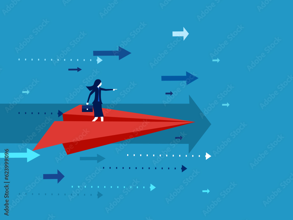 Organization leadership. Businesswoman pointing direction on a paper plane. vector