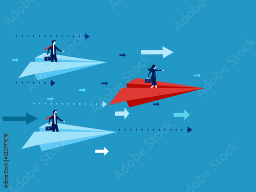 Leadership success. Businesswoman pointing direction on a paper plane. vector