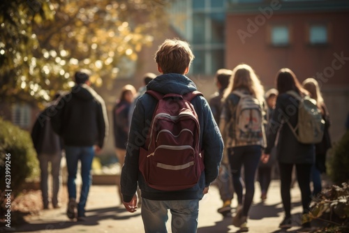 Boy walking friends going class. Generate Ai