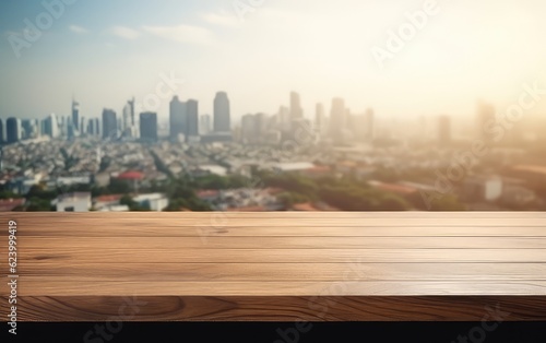 Empty wooden tabletop with the skyline of a city in the background. Can be used to showcase or montage your products.
