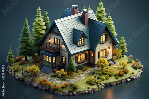 3d rendering illustration of wooden house with pine tree on isolated background