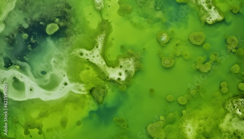 A large, bright green algae bloom is seen in a body of water