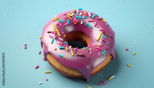 A mouth-watering doughnut sits on a plain background, perfectly fried with a colorful glaze