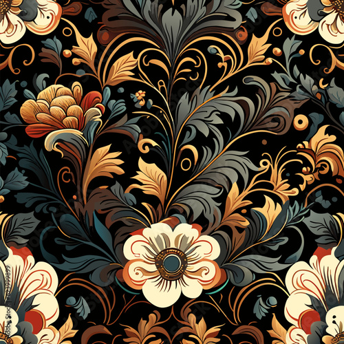 Beautiful floral seamless pattern of hand drawn flowers with decorative dark vintage with colorful background vector illustration by AI generated