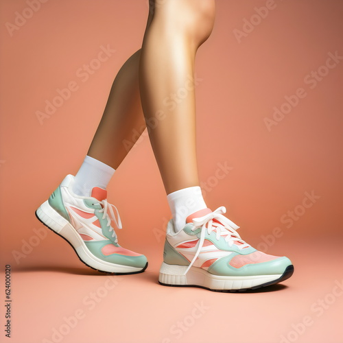 female legs and feet wearing sneakers walking isolated on plain pink studio background, made with generative ai